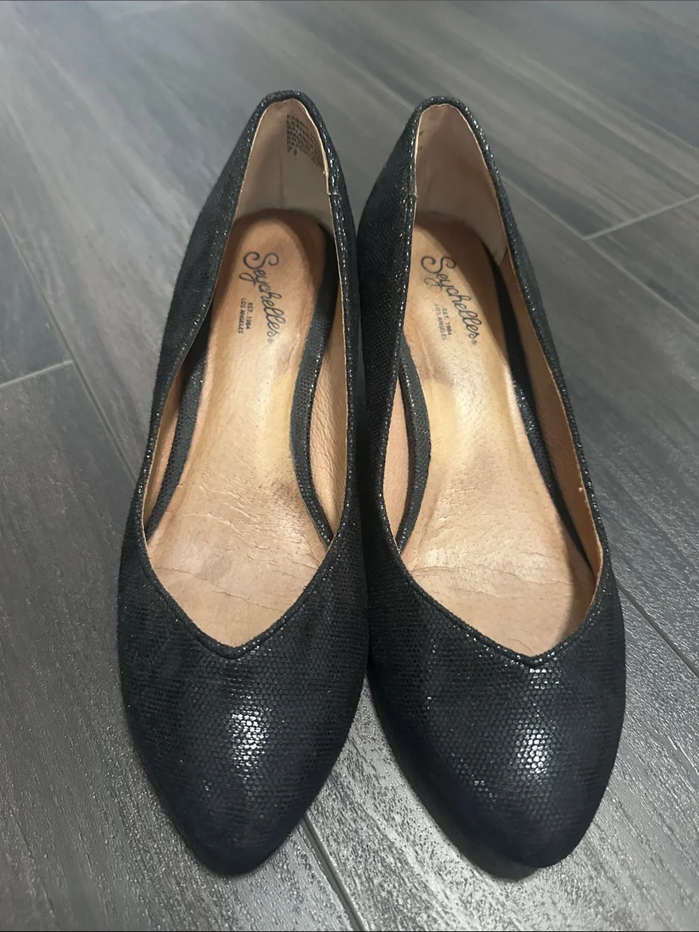 Seychelles Black Metallic Textured Wedges - Size 7.5
